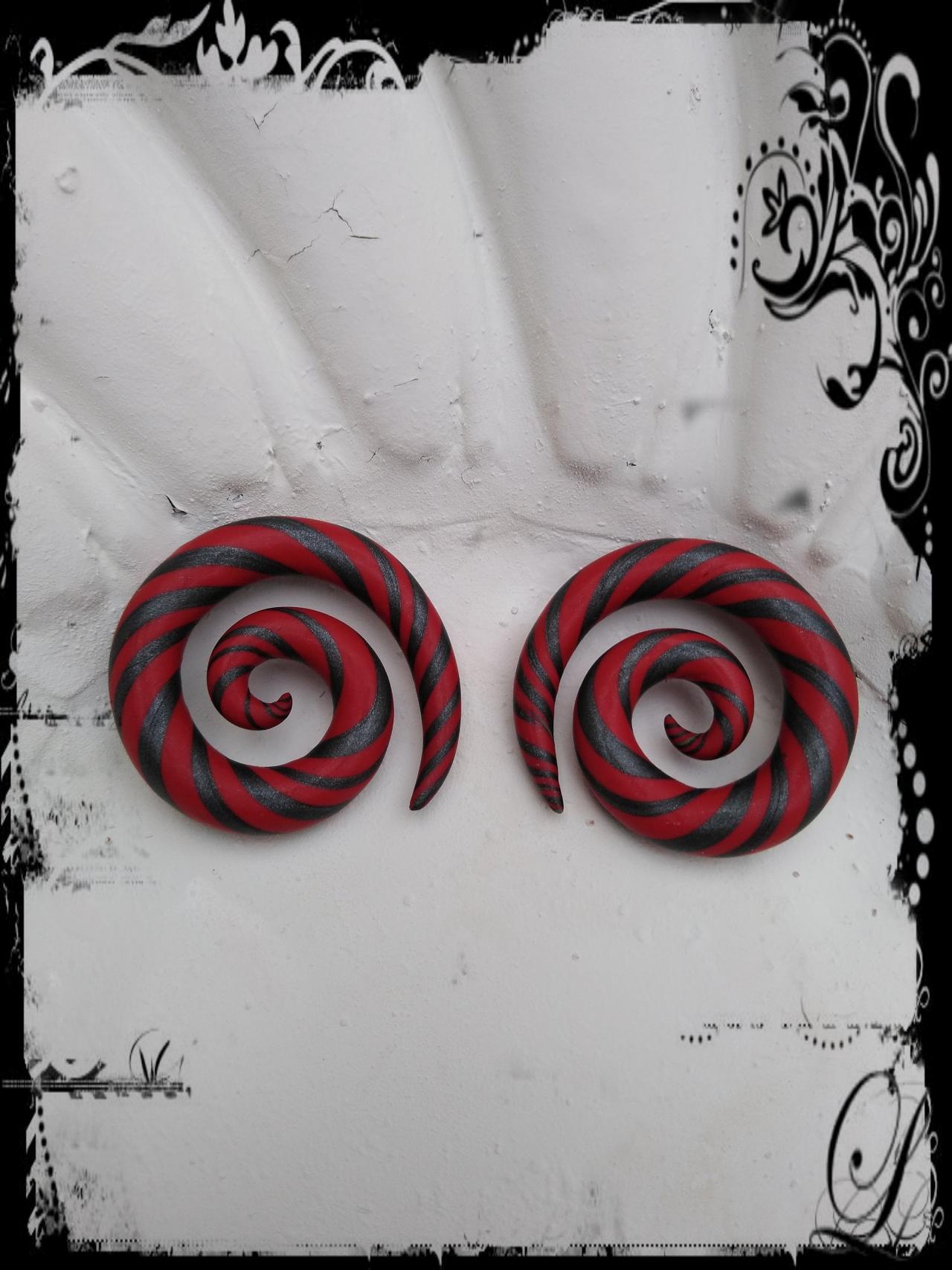 Spirals Ear Stretched Gauge Hanger Red And Dark Silver 00g