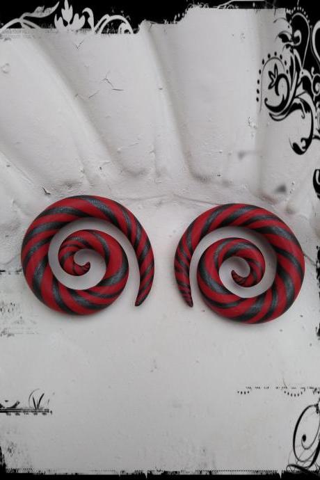 Spirals Ear Stretched Gauge Hanger Red And Dark Silver 00g
