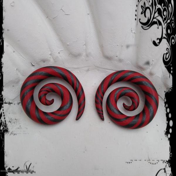 Spirals Ear Stretched Gauge Hanger Red and Dark Silver 00g